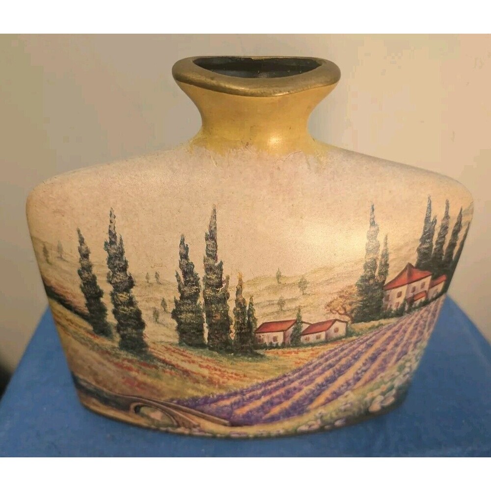 Vintage Square Ceramic Vase Tuscan Countryside READ, FAINT BACK, Pottery, Italy